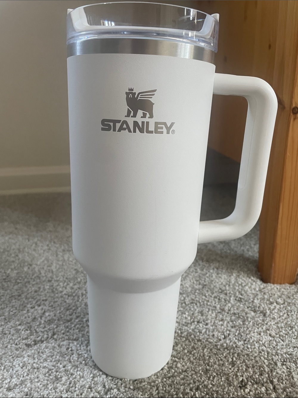 Stanley 40 ounce tumbler White w/ silver trim, lid, handle   * No straw*